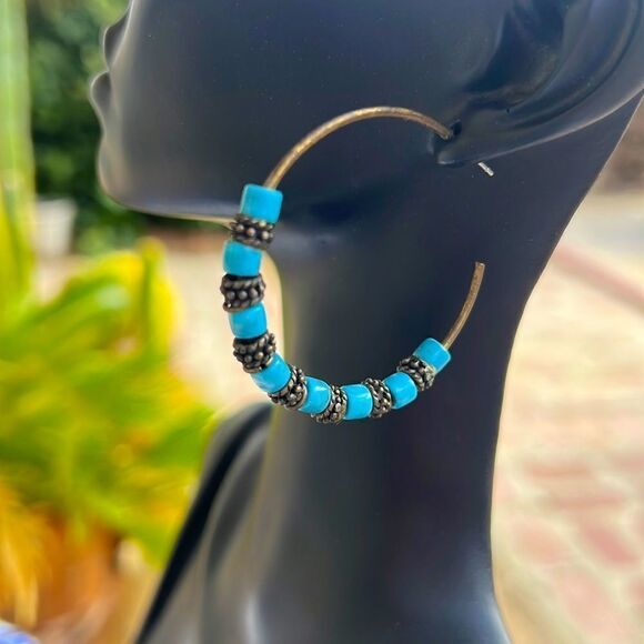 Vintage Brass & Marbled Blue Acrylic Hoop Earrings - Picture 1 of 6